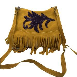 Mustard Yellow Purple Suede Fringe Boho Western Chic Crossbody